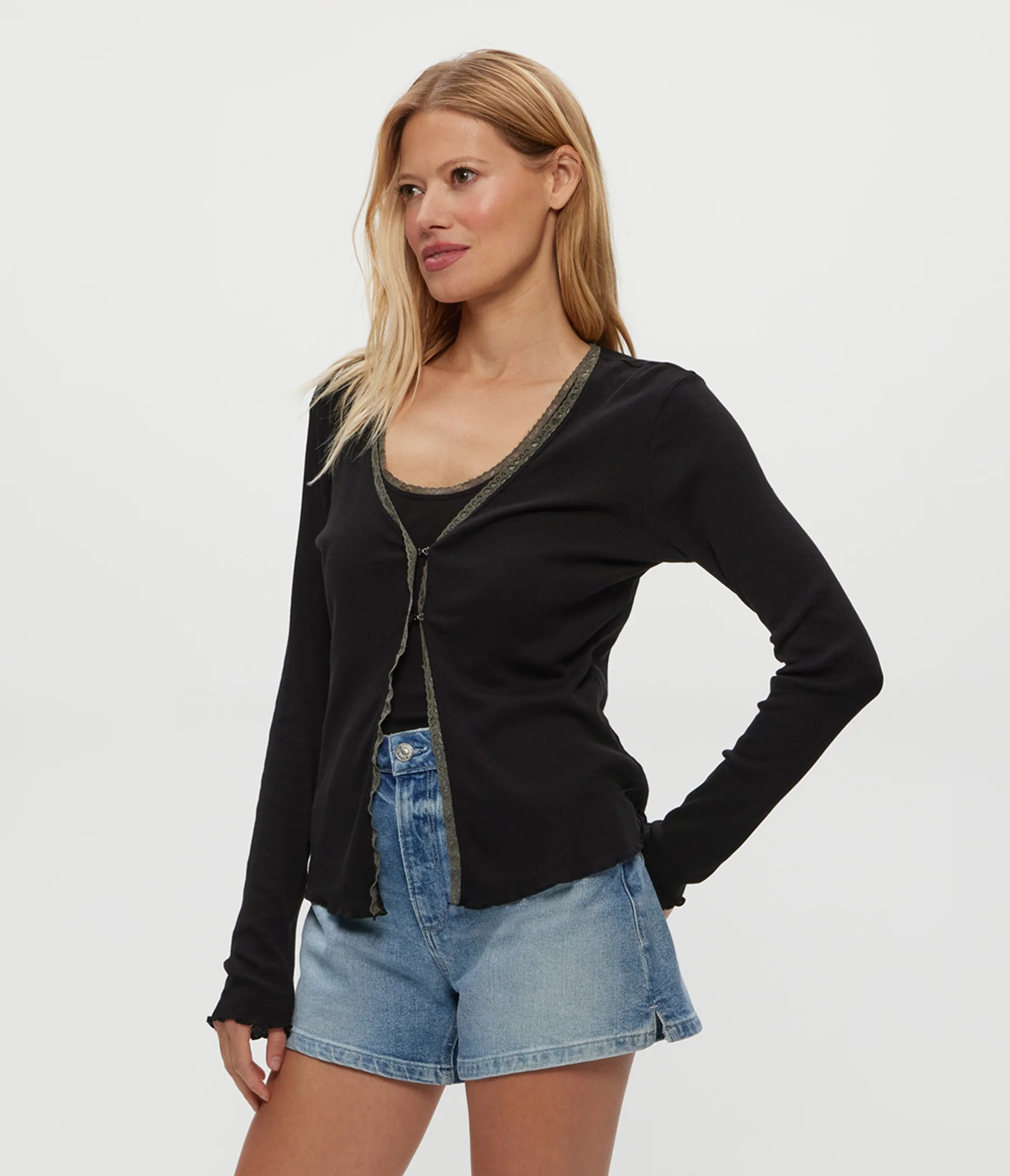 Beatrice Supima Rib Lace V-Neck Cardigan - Image 15