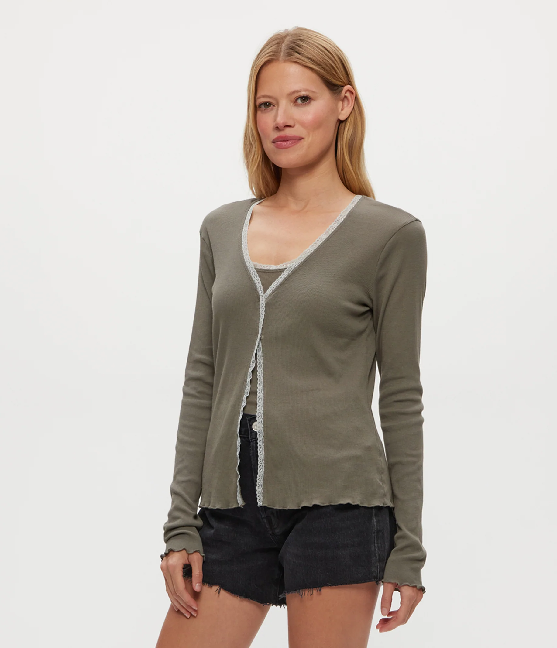 Beatrice Supima Rib Lace V-Neck Cardigan - Image 3