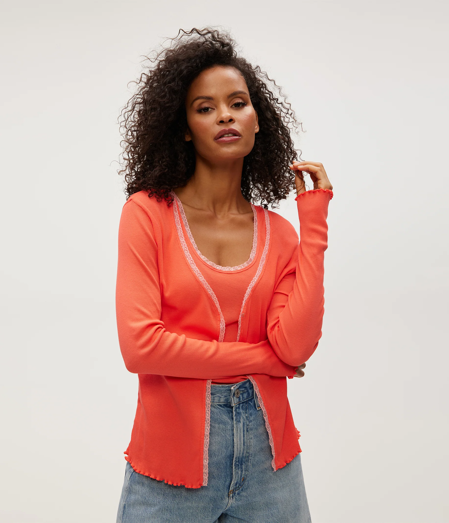 Beatrice Supima Rib Lace V-Neck Cardigan - Image 5